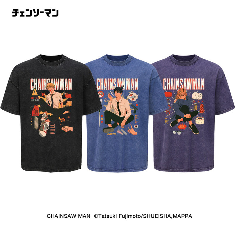 Japanese Anime Chainsaw Man Merchandise Retro Batik Washed Vintage Cotton Unisex Short-Sleeve T-Shirt Japanese Anime Chainsaw Man Merchandise Retro Batik Washed Vintage Cotton Unisex Short-Sleeve T-Shirt