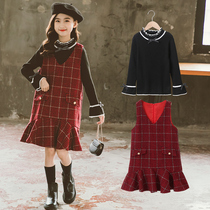 Girls winter princess dress new Korean version of the big childrens sweater woolen plaid vest skirt autumn and winter two-piece set