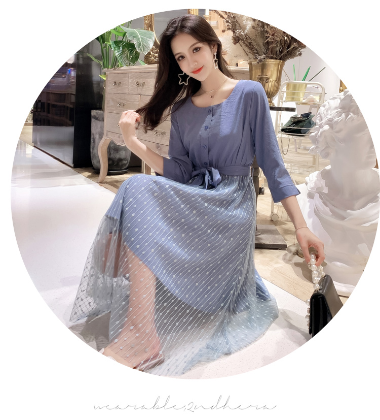 VK旗艦店 韓系網紗圓領修身仙女裙百搭輕熟長袖洋裝