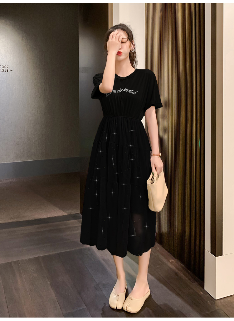 DABI 韓系休閒收腰T恤拼接網紗亮片短袖洋裝 DABI 韓系休閒收腰T恤拼接網紗亮片短袖洋裝