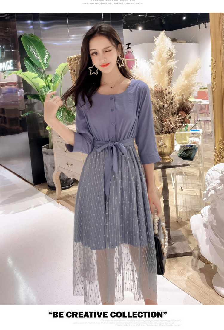 VK旗艦店 韓系網紗圓領修身仙女裙百搭輕熟長袖洋裝