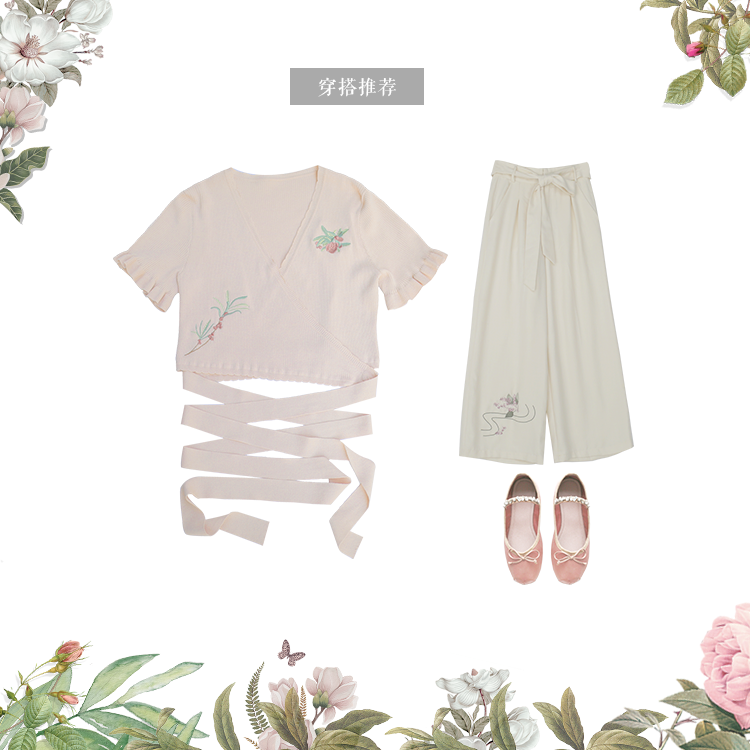 "Hoa gương" Li bạn cùng lớp gốc tự chế Sen thêu nước sốt hoa quả lá sen tay áo v-cổ tie knit cardigan áo khoác len nữ