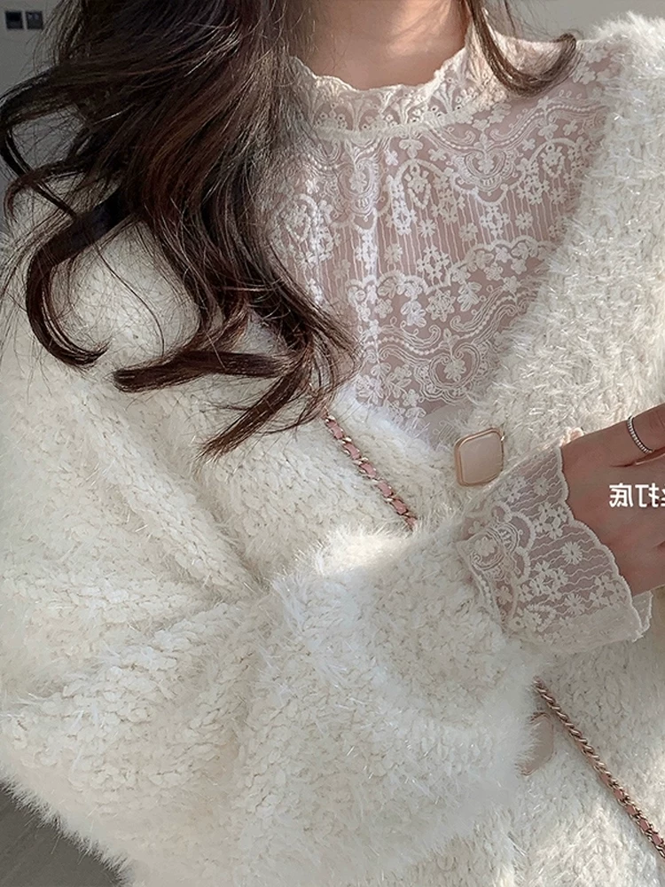 Лlace shirt, demi-season classic sweater, 2025 years, style, high collar
