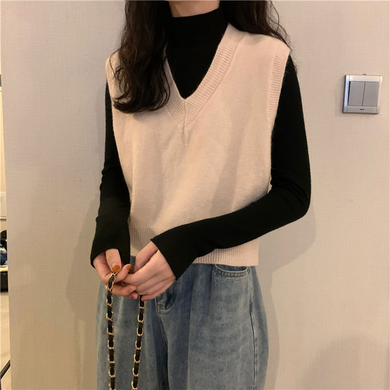 Женская жилетка 蓝色v领针织马甲女秋冬款外搭叠穿百搭坎肩无袖短款秋冬毛衣背心