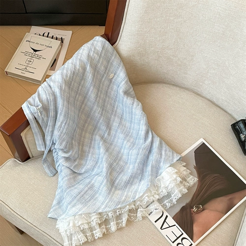 Синяя кружевная летняя шифоновая рубашка без рукавов