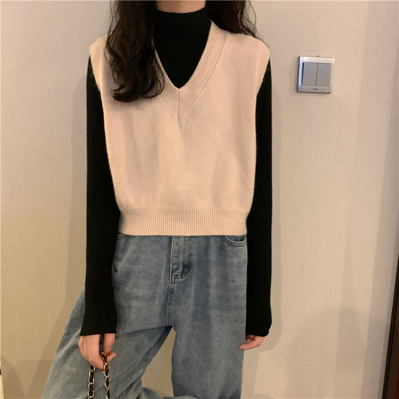 Женская жилетка 蓝色v领针织马甲女秋冬款外搭叠穿百搭坎肩无袖短款秋冬毛衣背心