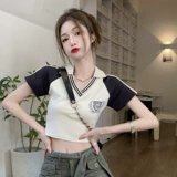 Летняя сексуальная короткая футболка polo, в американском стиле, V-образный вырез, короткий рукав, облегающий крой, европейский стиль