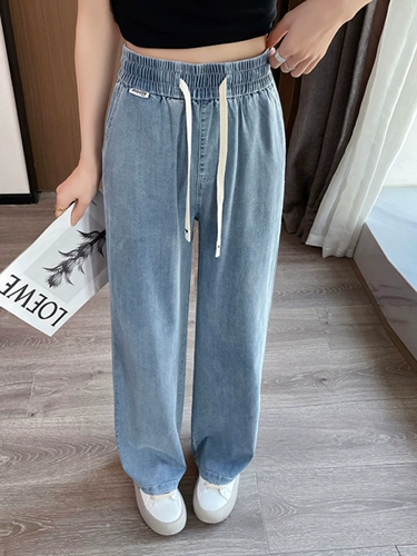 Тонкие джинсы, шелковые штаны для отдыха, эластичная талия, свободный прямой крой, высокая талия