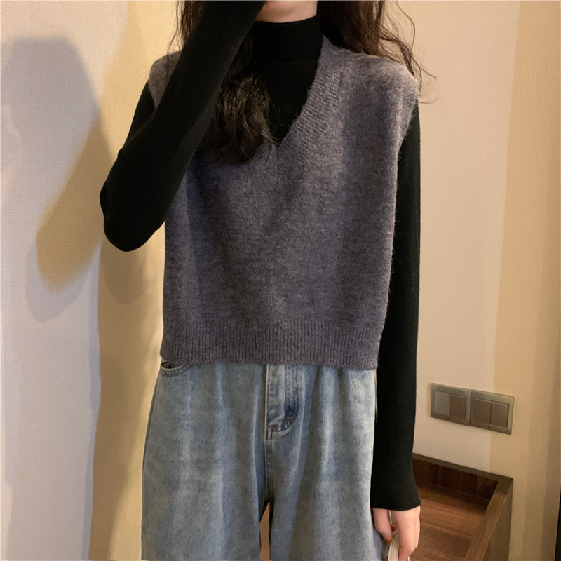 Женская жилетка 蓝色v领针织马甲女秋冬款外搭叠穿百搭坎肩无袖短款秋冬毛衣背心