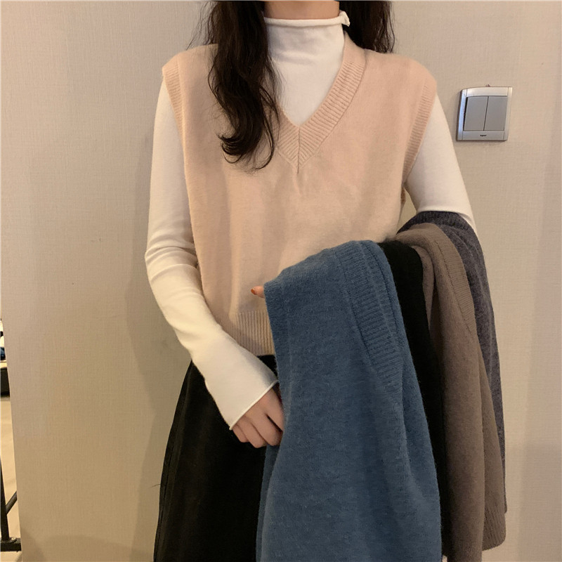 Женская жилетка 蓝色v领针织马甲女秋冬款外搭叠穿百搭坎肩无袖短款秋冬毛衣背心