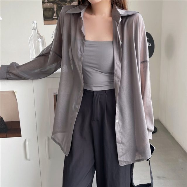 Gray ice silk sunscreen shirt women's summer thin cardigan design sense niche drape blouse shirt jacket tops