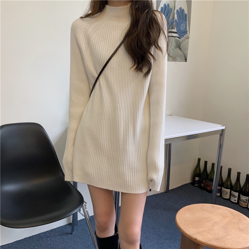 White Half-Turtleneck Knitted Sweater Dress for Women, Spring and Autumn Base Layer, Short Skirt to Wear with Coat, 2022 New Style