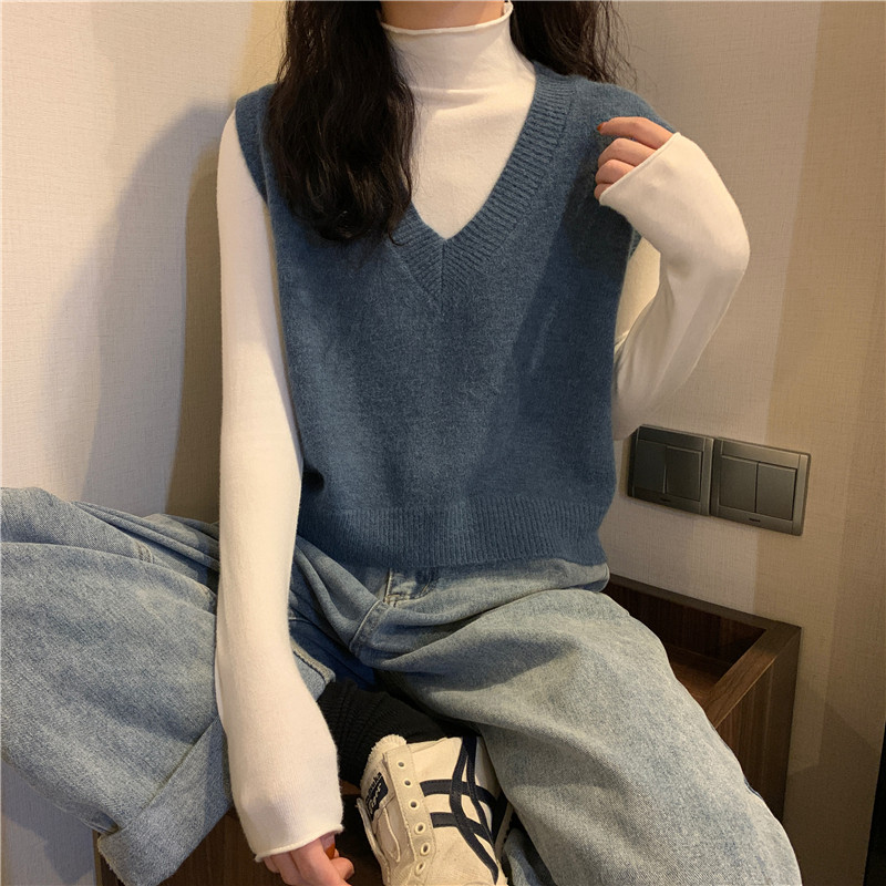 Женская жилетка 蓝色v领针织马甲女秋冬款外搭叠穿百搭坎肩无袖短款秋冬毛衣背心