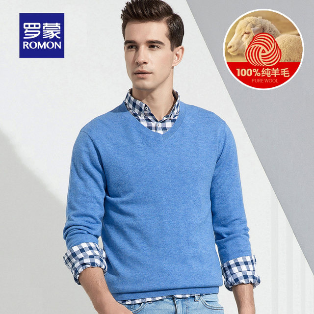 Luo Meng Youth Casual Wool Sweater Men's Pullover V-neck Bottoming Sweater 100% Wool Sweater