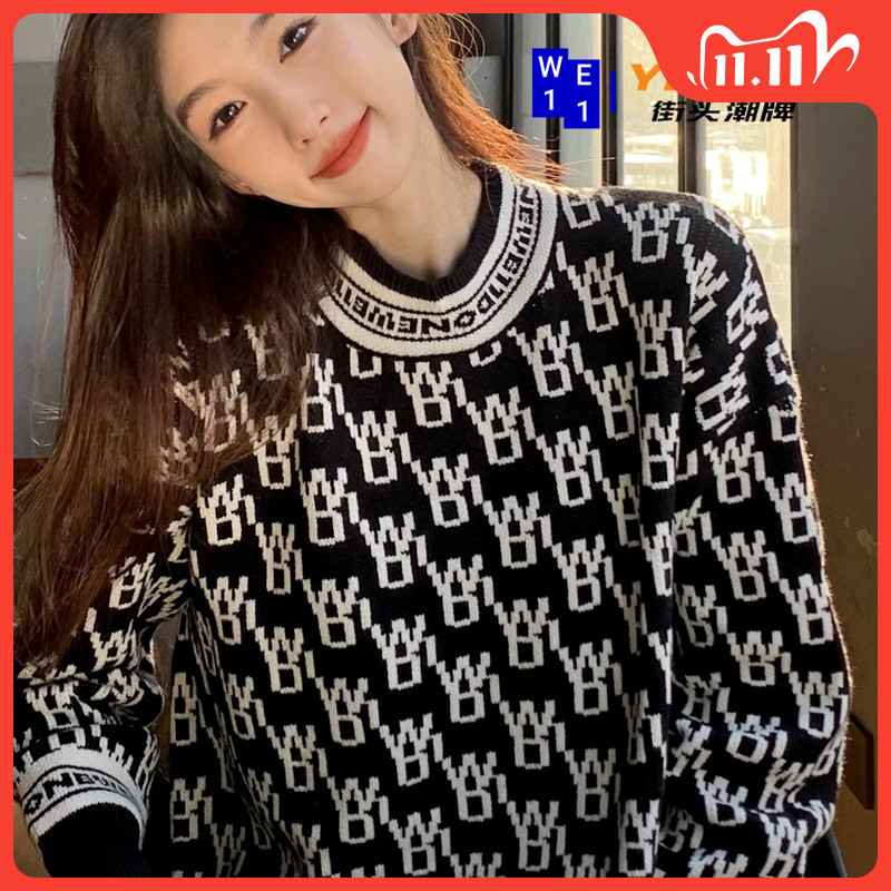 We11done autumn and winter new full print old flower round neck sweater jacket welldone wool sweater