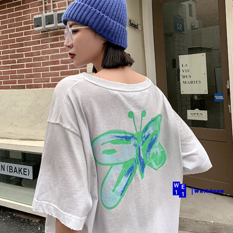 We11done back painted butterfly print short-sleeved T-shirt female welldone tide brand old top spring
