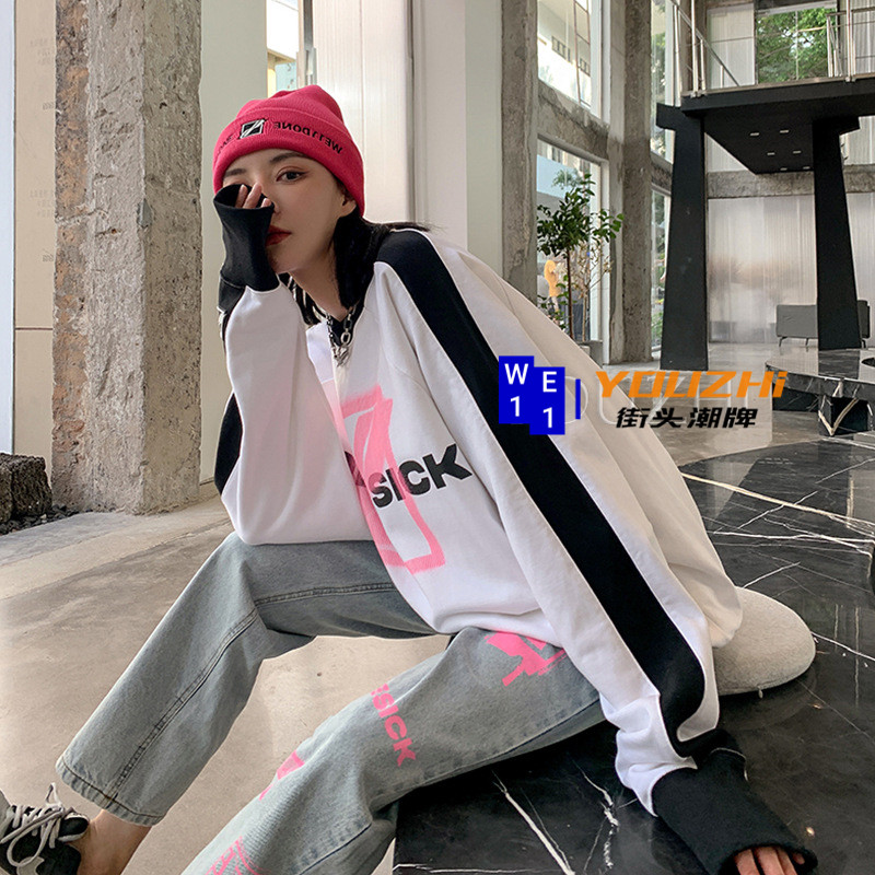After testing welldone black and white color matching letter printing long-sleeved thick cotton T women's we11done spring and summer casual top