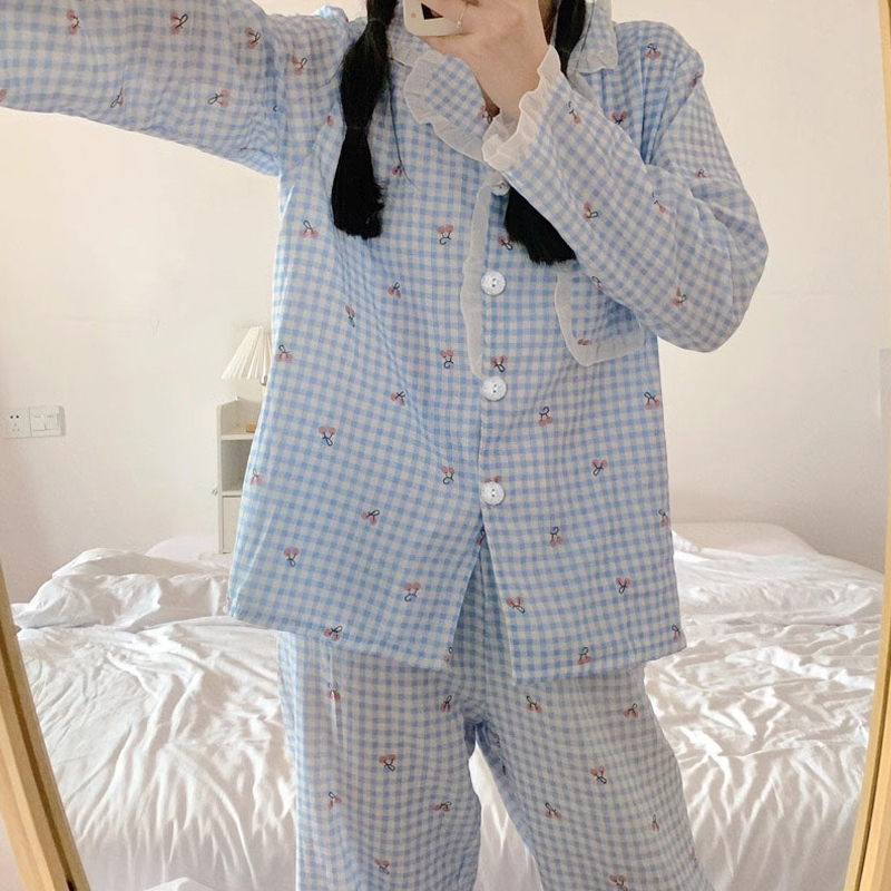 Lace Plaid Pajamas for Women Spring and Autum Long-Sleeved Cardigan Cherry Print Student Sweet Girl ins Style Home Clothes Can Be Worn Outside