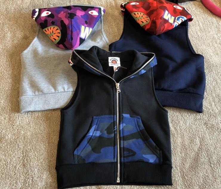 Japanese Trendy Brand Bape Children's Clothing Autumn and Winter New Collection Boys and Girls Shark Camouflage Hooded Vest Jacket Sweatshirt
