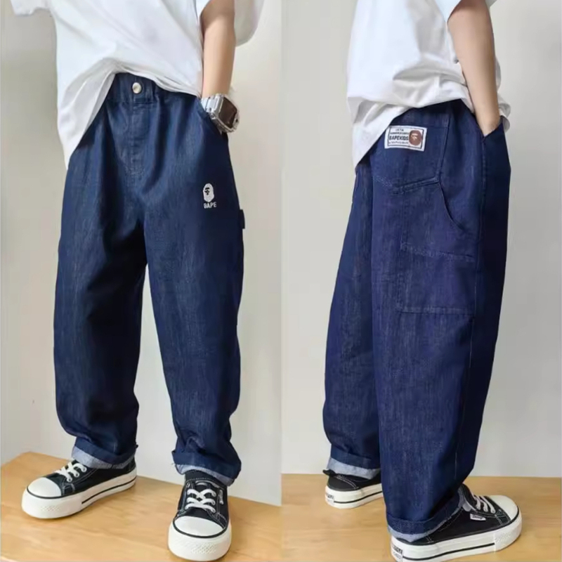 Japanese Trendy Brand Bape Children's Jeans 2025 Spring New Model Ape Head Simple Casual Denim Long Pants for Older Children