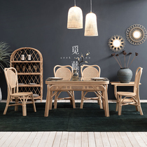 Real rattan ins retro solid wood rattan dining table and chair combination home small apartment dining table Southeast Asia homestay dining chair