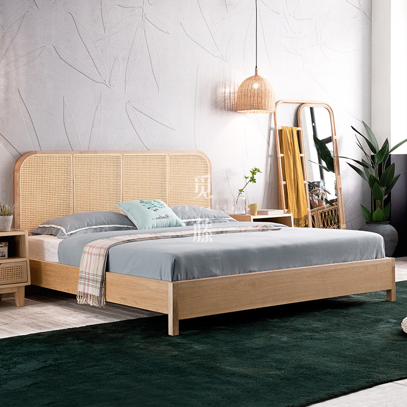Nordic ins ash wood rattan solid wood bed modern minimalist Japanese retro light luxury rattan master bedroom double bed