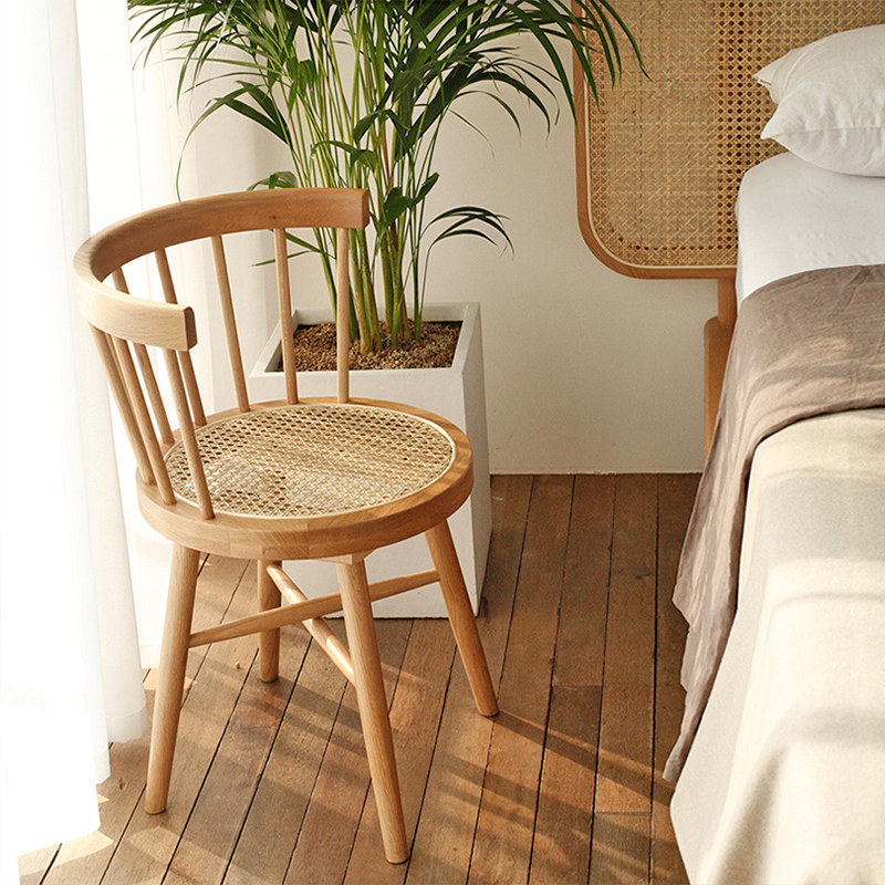 Solid wood dining chair back stool home desk chair ash wood chair Japanese rattan chair simple Indonesian rattan