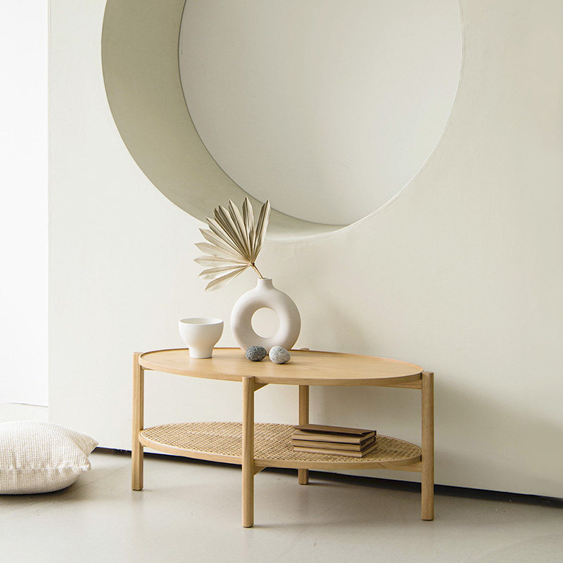 Japanese-style solid wood rattan double-layer round coffee table small apartment living room log style low table retro home tea table combination