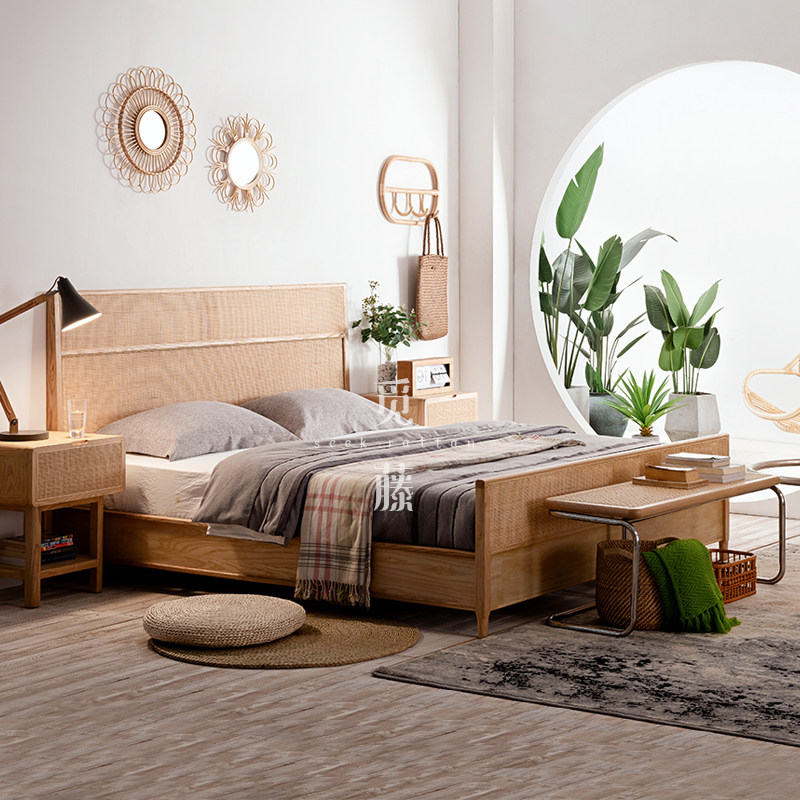 Nordic ins style retro ash wood Japanese modern light luxury rattan art 1 8 double bed environmental protection furniture rattan bed