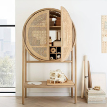 Nordic solid wood rattan sideboard small apartment model room retro wine cabinet American light luxury one wall locker