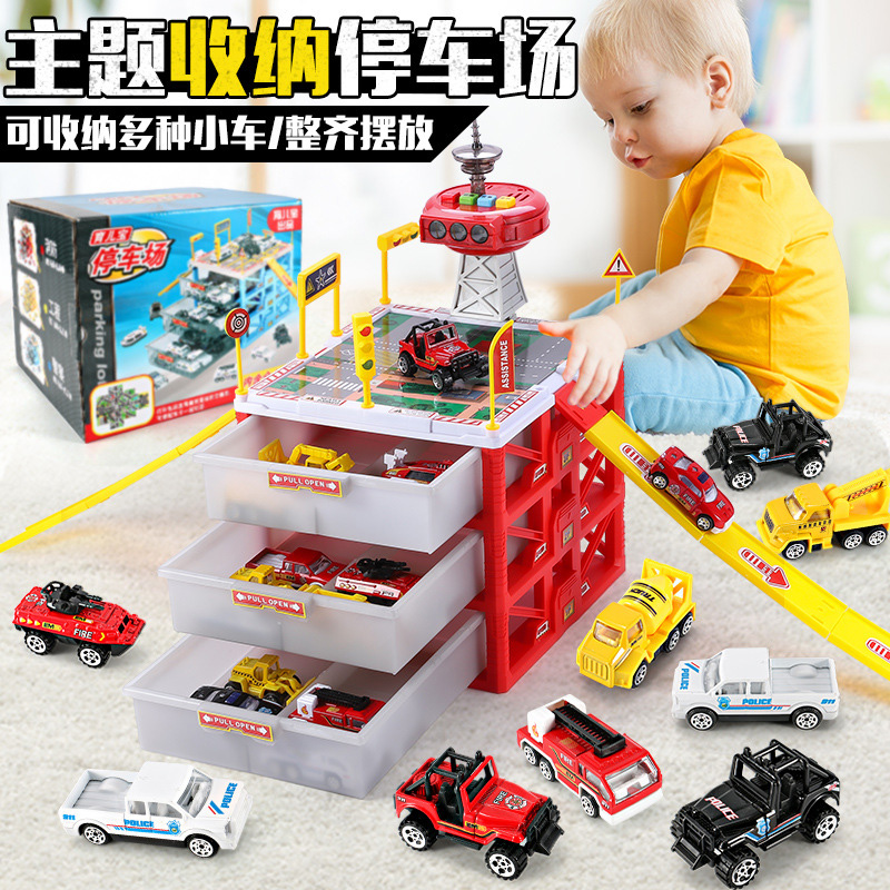 Children Parking Lot Toy Model Containing Box Alloy Small Car Police Car Engineering Car 5 Fire Truck Suit 3-6 years old