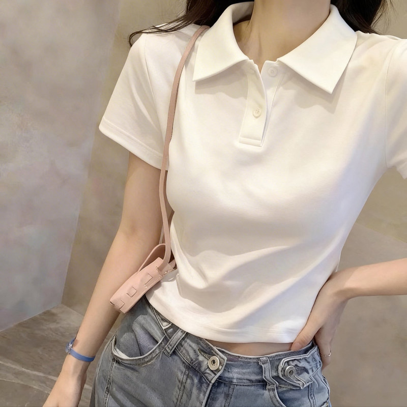 White Short-Sleeve Polo Collar T-Shirt for Women, Pure Cotton, 2026 Summer Versatile Slim-Fit Turn-Down Collar Short Top for Petite Figures ins White Short-Sleeve Polo Collar T-Shirt for Women, Pure Cotton, 2026 Summer Versatile Slim-Fit Turn-Down Collar Short Top for Petite Figures ins