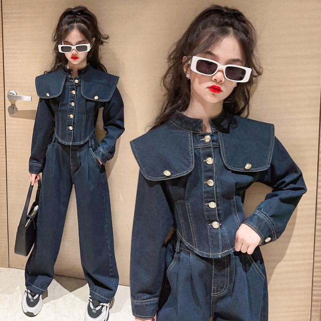 Girls spring suit 2023 new medium and large children's fashionable spring and autumn children's denim two-piece suit western style tide clothes