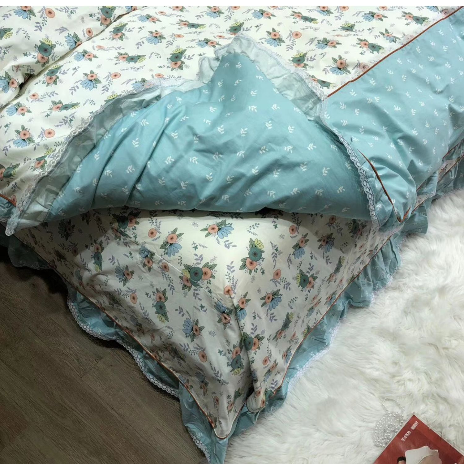 Bông cotton bốn mảnh mùa xuân và mùa hè gió mục vụ hoa nhỏ phiên bản Hàn Quốc với bộ đồ giường ren lưới màu đỏ đoạn 1,8m - Bộ đồ giường bốn mảnh chăn ga gối đệm hanvico giảm giá