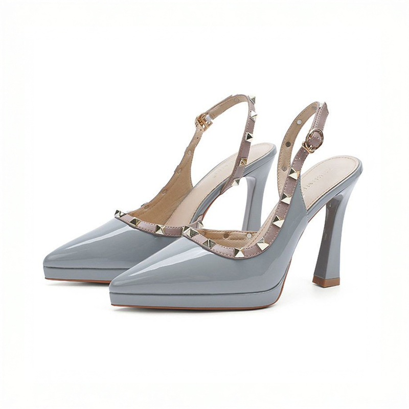 Blue High-Heeled Shoes for Women, Summer, High-End, Commuting, Pointed Toe, Comfortable, Stiletto Heel, Waterproof Platform Sandals, Studded, Roman Style