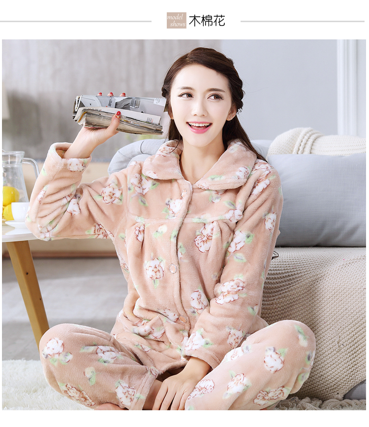 Flannel pyjama phụ nữ mùa thu và mùa đông dày lông cừu san hô Hàn Quốc dễ thương dài tay phù hợp với áo len dày dịch vụ nhà mùa đông đồ bộ vải đũi