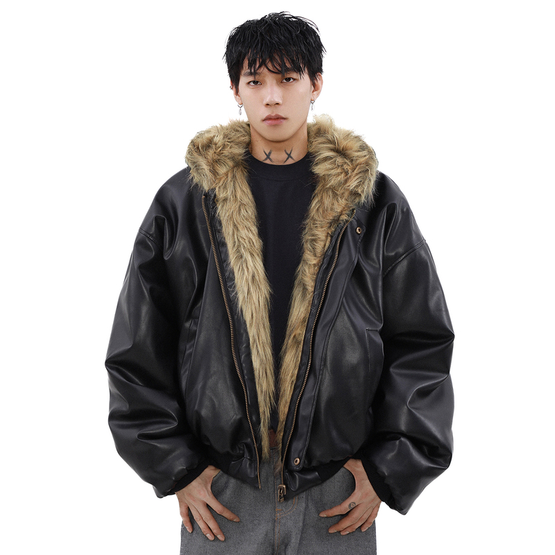 Tough and Stylish Leather Jacket, Cotton-Padded Men's Hooded Winter Leather Coat, Men's Fleece-Lined and Thickened Reversible Leather and Fur Integrated Jacket