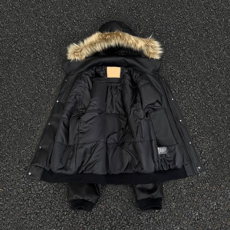 Winter Thickened Quilted Leather Jacket for Men with Hood and Fur Collar, Winter Cotton Coat for Men, Autumn and Winter Cotton-Padded Leather Jacket