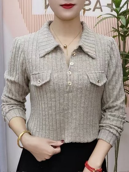 春秋新款时尚长袖衬衫女气质大码显瘦polo领百搭纯色衬衣外套上衣