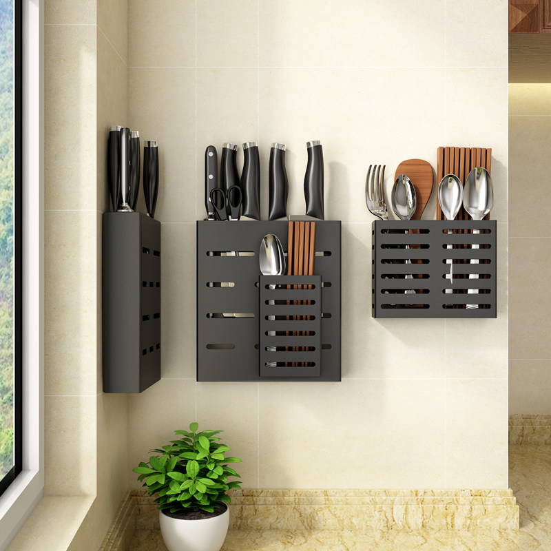 Kitchen knife rack Wall-mounted kitchen knife holder with household punch-free multi-functional small chopstick cage integrated storage box