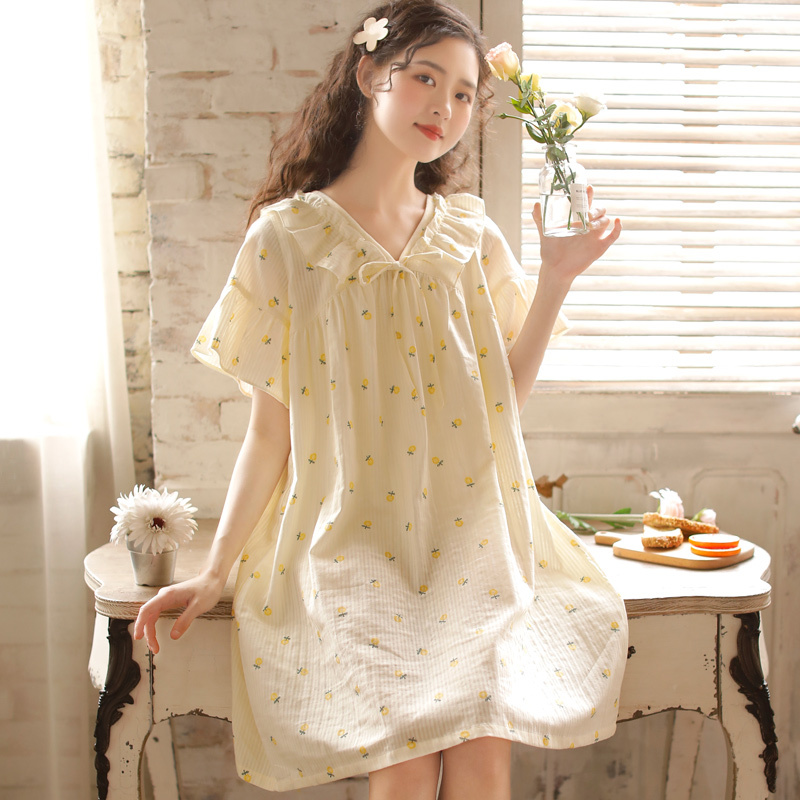 New Style Nightgown for Women, Summer Short-Sleeved Korean Style Pure Cotton Gauze Large Size with Chest Pad, Sweet Girly All-Cotton Floral Midi Skirt New Style Nightgown for Women, Summer Short-Sleeved Korean Style Pure Cotton Gauze Large Size with Chest Pad, Sweet Girly All-Cotton Floral Midi Skirt