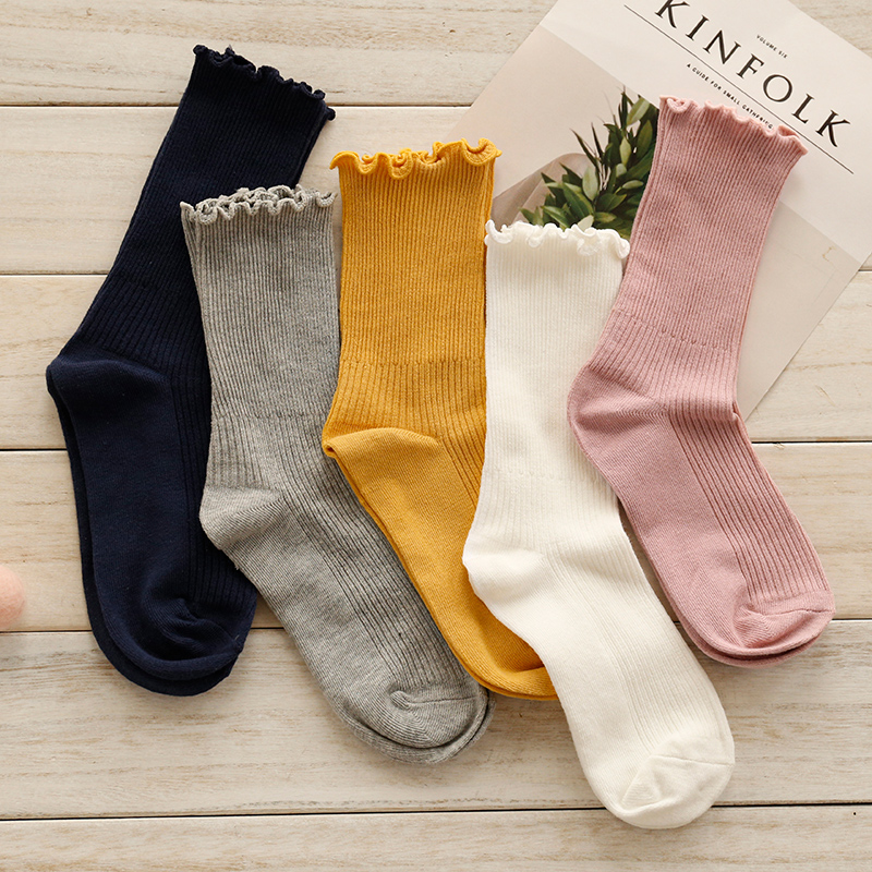 Cotton socks women's middle tube socks Japanese college style spring and autumn simple and versatile thin long version tide fungus lace bubble socks