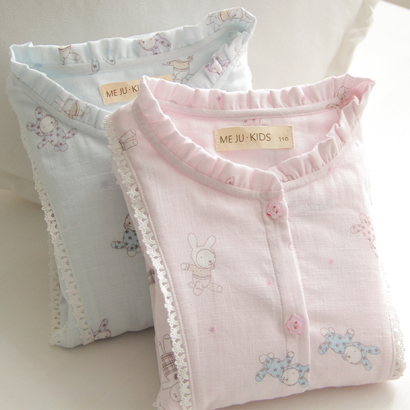 Spring Summer Pure Cotton Cute Children Sleepwear Double Layer Gauze Long Sleeve Girl Baby Thin full cotton Home Suit Suit Summer