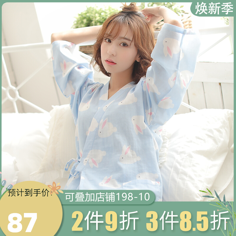 Japanese-style cotton pajamas ladies spring and summer Japanese cotton double-layer gauze long-sleeved kimono sweat steaming homewear suit