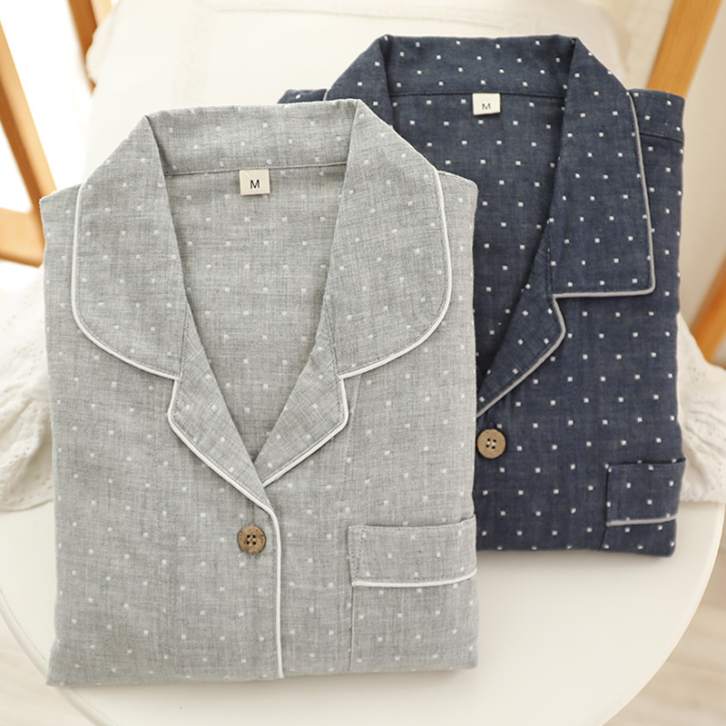 Spring and Autumn Couple Pajamas for Women, Double-Layer Pure Cotton Gauze, Long-Sleeved, Loose, Large Size, Men's Short-Sleeved Loungewear, Can Be Worn Outside