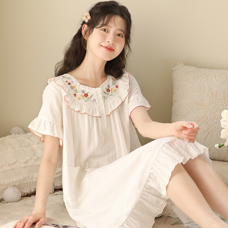 Mian Dao Summer Japanese-Style Sweet Short-Sleeve Nightdress for Women, Thin with Chest Pad, Double-Layer Pure Cotton Gauze Home Dress Mian Dao Summer Japanese-Style Sweet Short-Sleeve Nightdress for Women, Thin with Chest Pad, Double-Layer Pure Cotton Gauze Home Dress