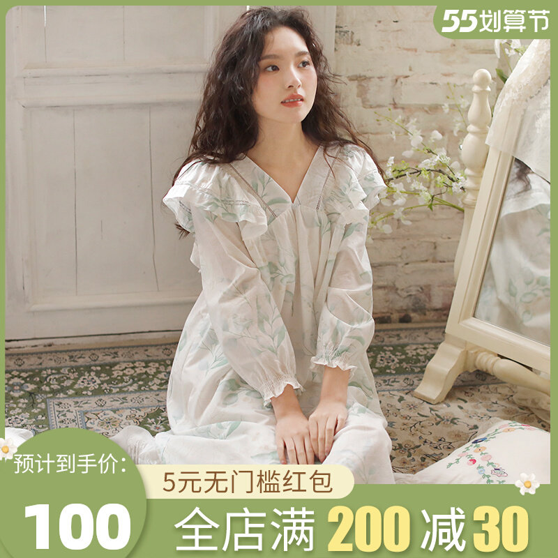 Long Sleeves Pure Desire Wind Sleeping Dress Woman Spring Autumn Pure Cotton Cotton Cloth Method Type Sen Princess Wind Thin family Sleeping Dress dresses