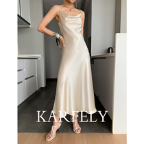 KARFELY Acetate Satin Dress Swing Collar Triple Acetate Suspender Skirt Sexy Tender Peach Long Skirt Style