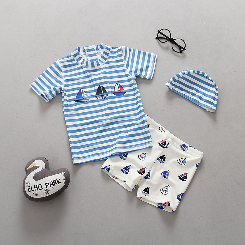 Children's swimsuit short-sleeved boy's suit children's blue striped sailing split baby three-piece Japanese-style swimsuit