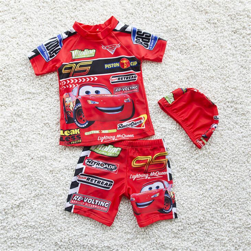 European and American children's swimsuit boys split in the big boy cute warm cartoon quick-drying hot spring short-sleeved three-piece set